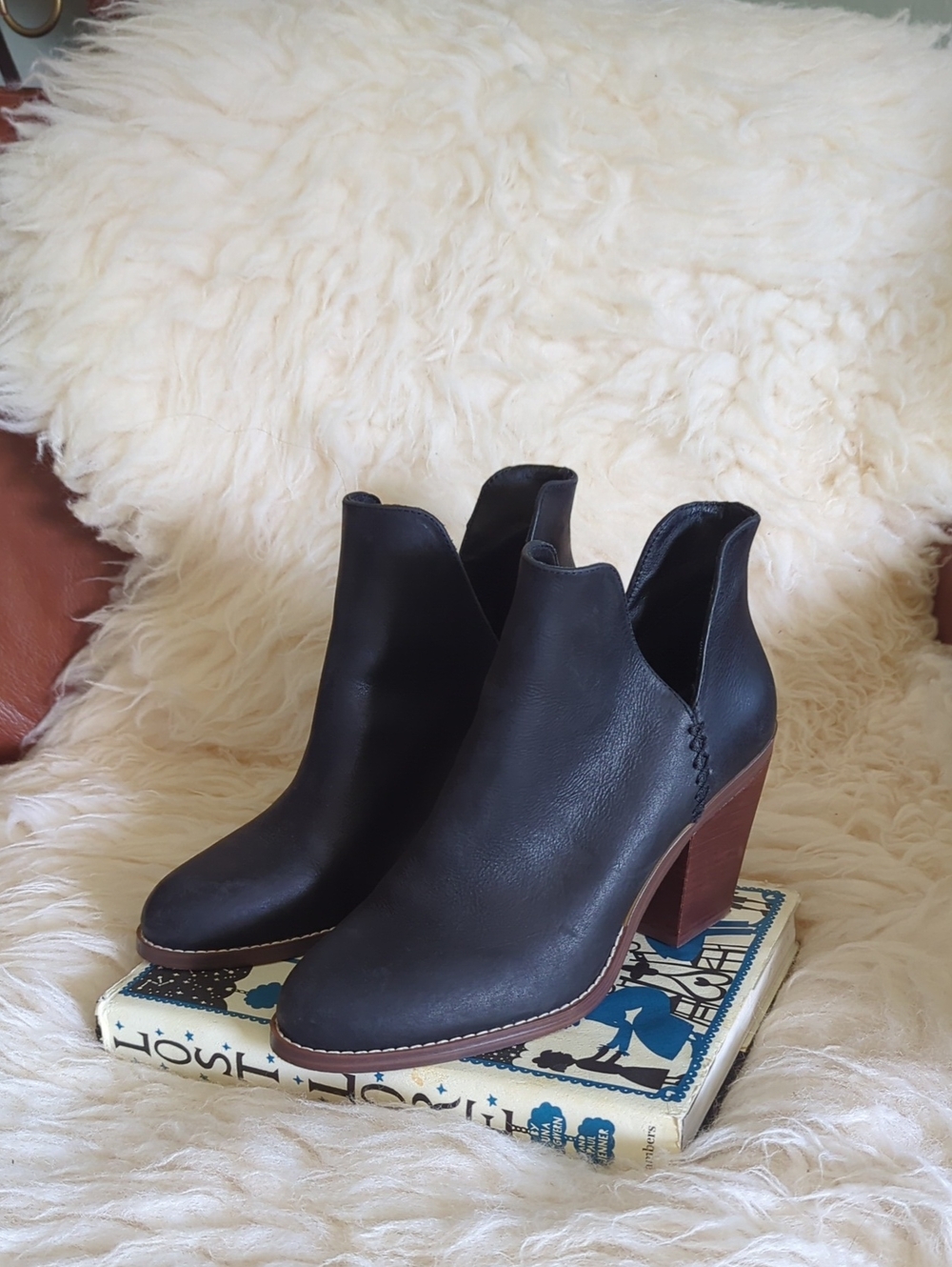 Crown Vintage - Black Leather Ankle Booties with Brown Block Heel